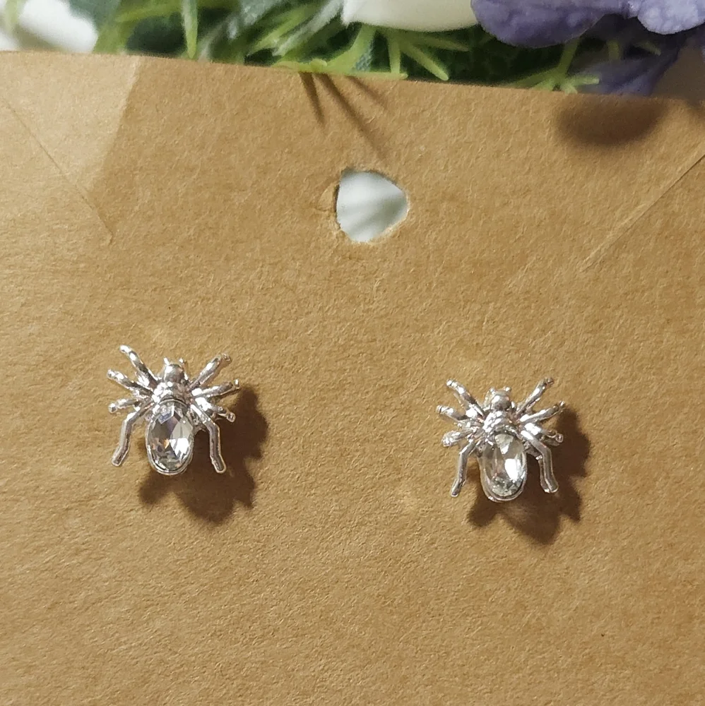 Sterling Silver Crystal Spider Stud Earrings Glass Crystal Spider Earrings - Picture 5 of 8
